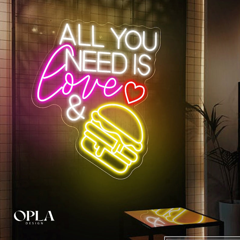 "All You Need Is Love & Burger" Neon maroc - Neon Led au Maroc