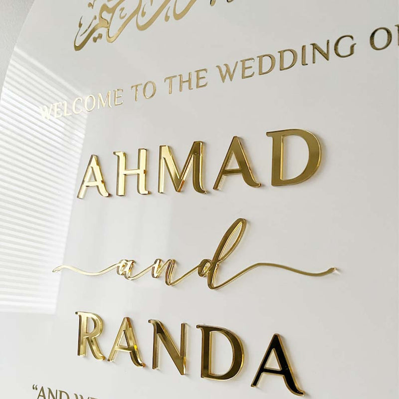 Personalized wedding acrylic sign in white acrylic with 3D letter in different colors in Morocco 