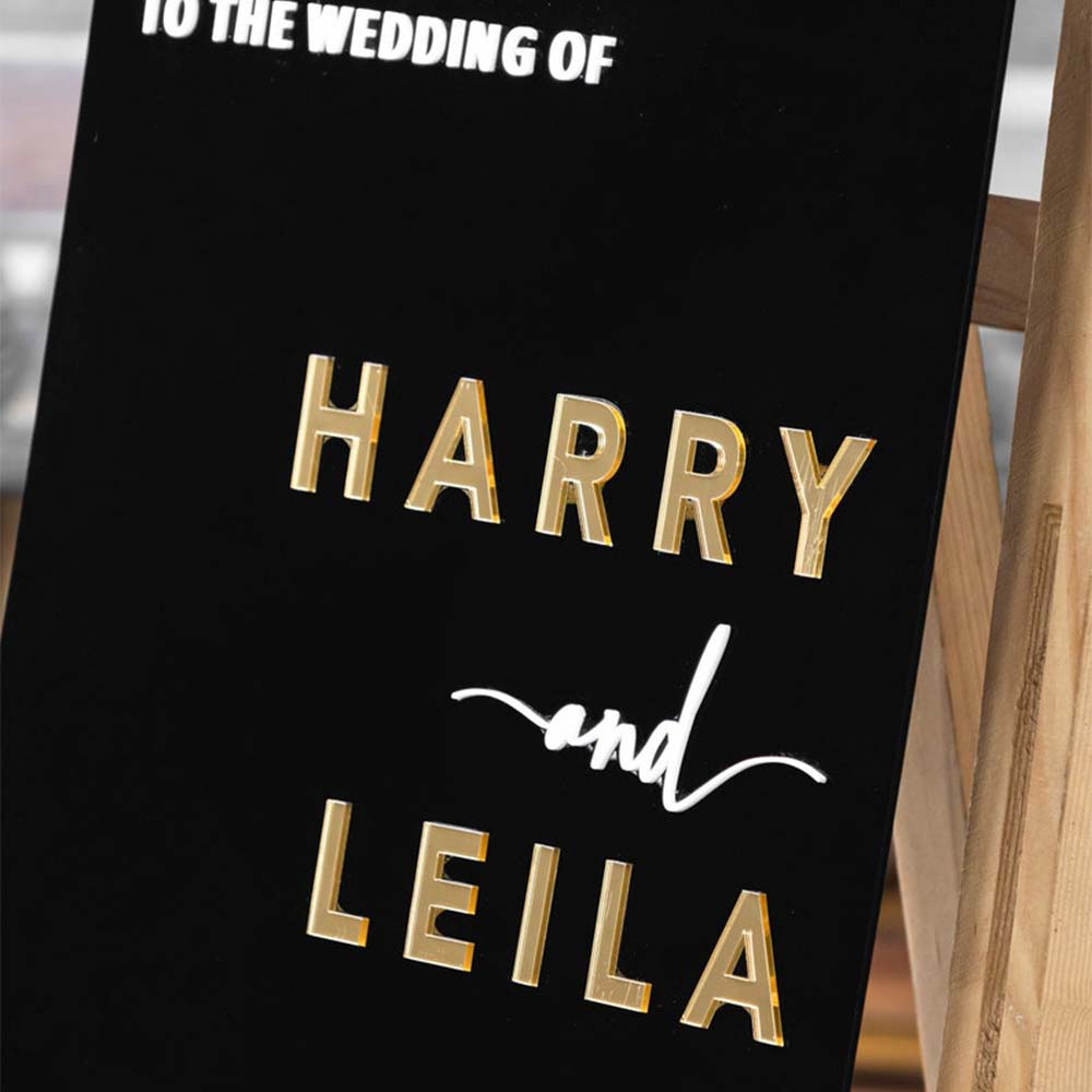 Rectangular acrylic wedding sign personalized in black acrylic with 3D letter in different colors in Morocco 