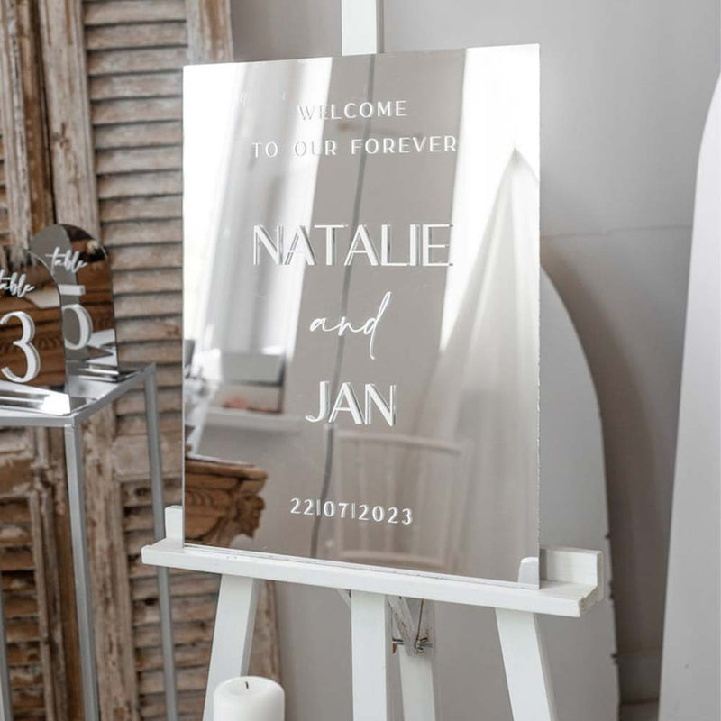 Personalized rectangular acrylic wedding sign in Silver mirror acrylic with 3D letter in different colors in Morocco 