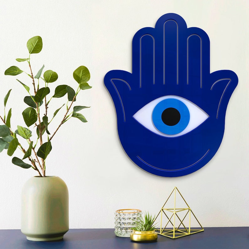 Hamsa Hand - Wall Art 3D Finition brillante noire et bleue sur support blanc