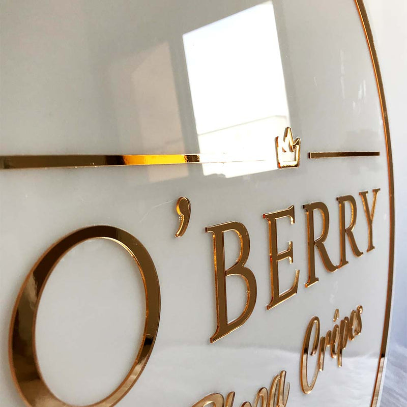 White custom acrylic sign with backlit gold 3D lettering - acrylic sign in Morocco